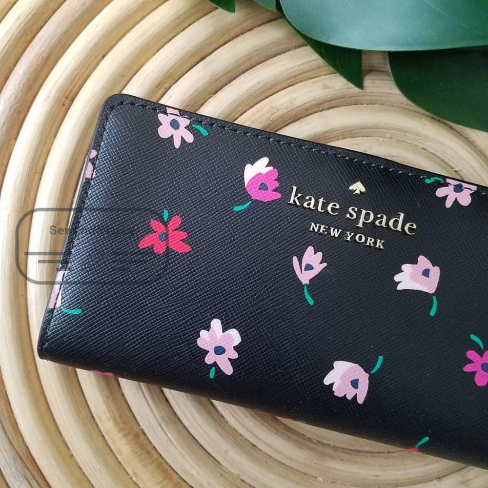Kate Spade NWT Kate Spa Staci Ditsy Buds Large Slim Bifold Wallet in Black - Picture 7 of 14